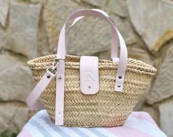 Personalized Straw Purse: Moroccan Woven Basket with Leather Handles