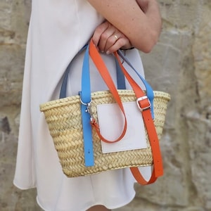 Raffia bag with initial, Custom beach bag with leather handles, Straw beach bag for women, Monogram basket bag, Market basket with initial.