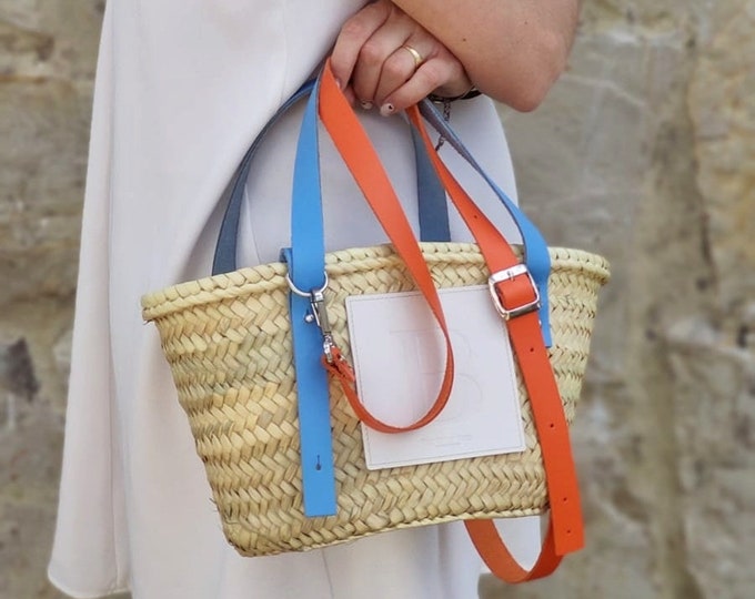 Raffia bag with initial, Custom beach bag with leather handles, Straw beach bag for women, Monogram basket bag, Market basket with initial.