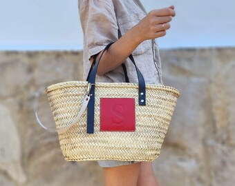 French market bag, Monogram basket for women, Straw beach bag with leather, French market basket personalized with initial
