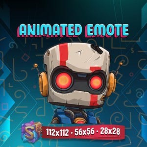 May include: Animated Emote graphic featuring a robot head with red eyes and orange ear-like structures. The robot's head is white with red stripes. The text "ANIMATED EMOTE" is displayed above the robot. The image also includes size dimensions.