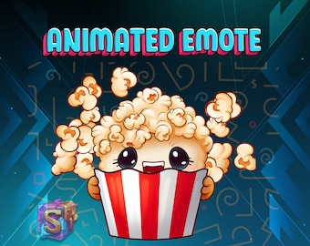 May include: Animated emote of a cartoon popcorn bucket with a cute face, wearing a red and white striped bucket. The bucket is filled with popcorn and the character is smiling.