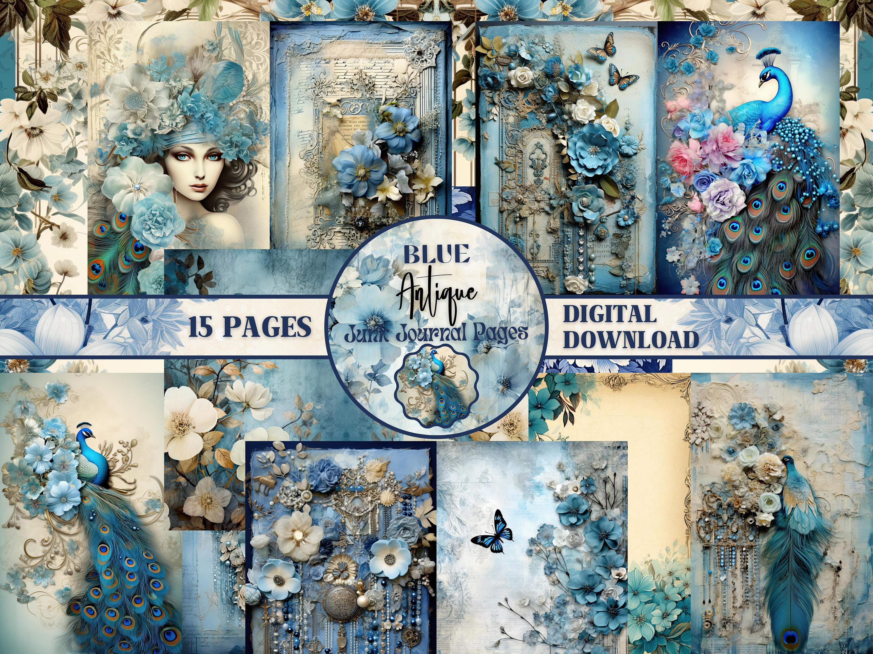 アンティークブルーのジャンクジャーナルページ、ヴィンテージ
