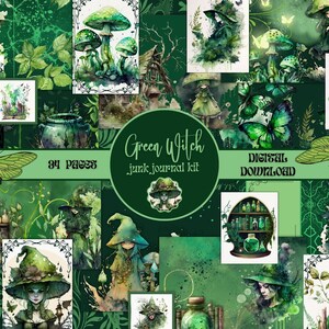 Green Witch Junk Journal Kit PRINTABLE Cottagecore Ephemera Pagan Scrapbook Supplies Green Grimoire Pages Goblincore Junk Journal Pages