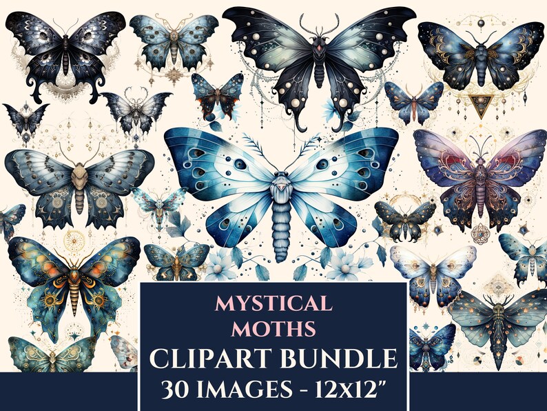 BLUE Mystical Moths PNG Clipart Bundle Celestial Moth Images PNG ...