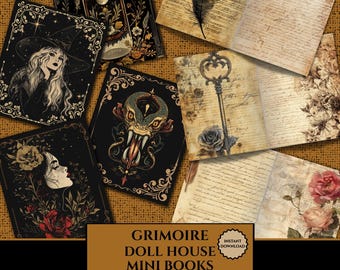 Grimoire-poppenhuisboeken AFDRUKBAAR, vintage Witchy miniboeken, miniatuurboek der schaduwen, poppenhuisspreukboeken, Wicca miniboeken digitaal
