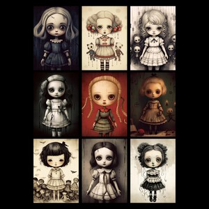 May include: Nine digital illustrations of dolls with dark eyes and pale skin. Each doll is wearing a different dress and has a unique hairstyle. The dolls are set against a variety of backgrounds, including a dark forest, a red room, and a green room.