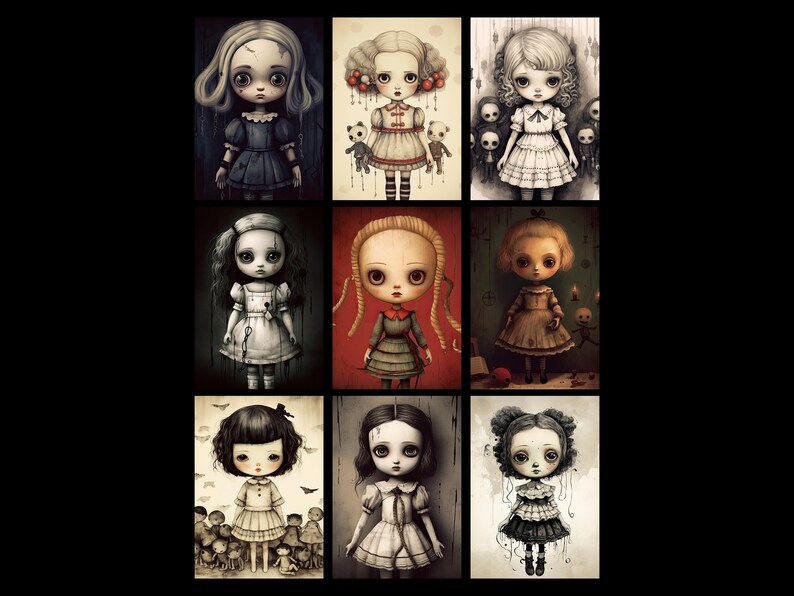 May include: Nine digital illustrations of dolls with dark eyes and pale skin. Each doll is wearing a different dress and has a unique hairstyle. The dolls are set against a variety of backgrounds, including a dark forest, a red room, and a green room.