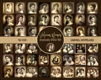Puede incluir: Una colección de 48 retratos en tonos sepia de mujeres victorianas. Las imágenes están dispuestas en una cuadrícula, con un gráfico central que dice "Victorian Women Portraits Photo Set" y "Digital Download".
