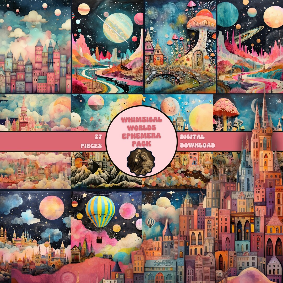 Mixed Media Whimsical Worlds Ephemera Pack PRINTABLE Mixed Media