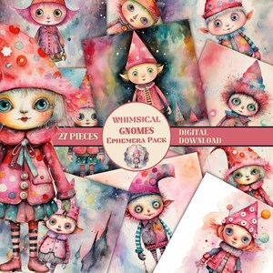Watercolor Whimsical Christmas Gnomes Ephemera Pack PRINTABLE Gnomes Collage Sheets Whimsical Junk Journal Supplies Christmas Scrapbooking