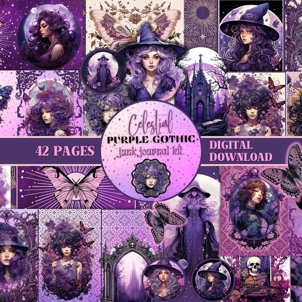 Purple Witch Junk Journal Kit Gothic Ephemera Celestial Collage Sheets Gothic Junk Journal Pages Book of Shadows DIGITAL Grimoire Pages