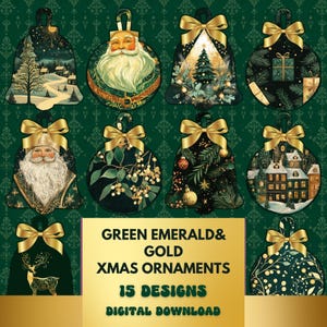 Emerald Green& Gold Christmas Ornament PNGs Ball Xmas Ornaments PNG Bundle Gold Christmas Junk Journal Supplies Xmas Crafts Scrapbooking