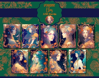 May include: A set of eight illustrated cards featuring women with floral crowns and nature-inspired details. The cards are titled "Forest Elves ATC Cards".