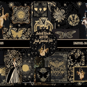 Black&Gold Witch Junk Journal Pages Whimsigoth Ephemera Pack Gothic Collage Sheets Book of Shadows Grimoire Pages Vintage Scrapbook Supplies