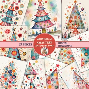 Watercolor Whimsical Christmas Tree Ephemera Pack PRINTABLE Christmas Collage Sheets Whimsical Journal Essentials Christmas Tree Scrapbook