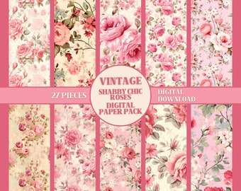 Vintage Pink Shabby Chic Roses Paper Pack 27 Sheets DIGITAL Scrapbook Pages Vintage Decoupage Roses Junk Journal Kit Paper Craft Supplies
