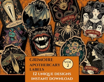 Grimoire Apothecary Labels Vintage Witchy Potion Labels Halloween Book of Shadows Gothic Elixir Fussy Cuts Witch Labels Wiccan Junk Journal