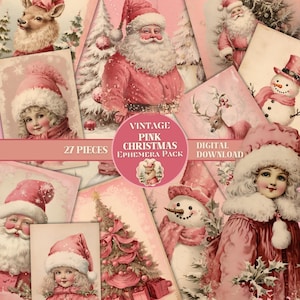 PINK Vintage Christmas Cards PRINTABLE Santa Claus Reindeer Xmas Tree Snowman Christmas Ephemera Pack Pink Vintage Scrapbook Supplies