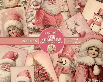 PINK Vintage Weihnachtskarten DRUCKBARE Weihnachtsmann Rentier Weihnachtsbaum Schneemann Weihnachten Ephemera Pack Rosa Vintage Scrapbook Zubehör