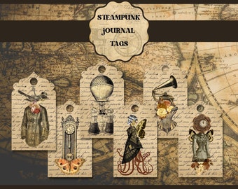 STEAMPUNK Tags for Junk Journal Pages PRINTABLE Scrapbook Tags Junk Journal Supply Steampunk Ephemera DIGITAL Collage Sheets Steampunk Tags