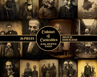 Op de afbeelding: Een collage van 26 vintage-stijl afbeeldingen met spookachtige en griezelige figuren, waaronder een heks, een weerwolf, een monster en een skelet. De afbeeldingen zijn in zwart-wit en hebben een verweerde, verouderde uitstraling. De tekst "Cabinet of Curiosities Junk Journal Pages" wordt weergegeven in een gouden cirkel op een zwarte achtergrond.