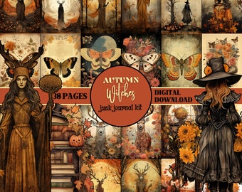 Autumn Witches Junk Journal Kit PRINTABLE Wiccan Ephemera Witchy Scrapbook Supplies Gothic Junk Journal Pages Fall Collage Sheets Halloween