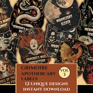 Puede incluir: Un conjunto de 12 etiquetas de boticario únicas con ilustraciones y texto místicos, incluyendo "Witch's Heart Remedy" y "Moonlight Elixir". Las etiquetas presentan una variedad de diseños, como una serpiente, una sirena y un dragón, con una estética oscura y vintage. El texto "Grimoire Apothecary Labels" también es visible.