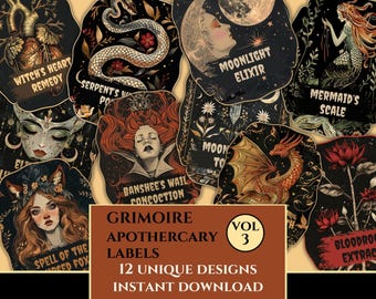Grimoire Apothecary Labels, Vintage Witchy Potion Labels, Halloween Book of Shadows, Gothic Elixir, Fussy Cuts, Wiccan Witch Labels DIGITAL