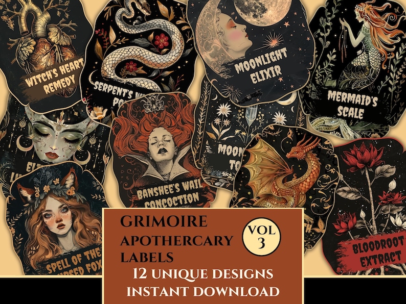 Grimoire Apothecary Labels, Vintage Witchy Potion Labels, Halloween ...