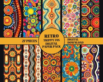 RETRO 70s Trippy Paper Pack 27 Sheets DIGITAL Scrapbook Pages Retro Decoupage Hippie Junk Journal Kit Retro Paper Craft Supplies 70s Pattern