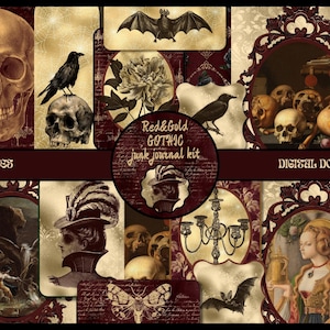 Red&Gold Gothic Junk Journal Kit PRINTABLE witch ephemera book of shadows DIGITAL grimoire pages spooky collage sheets vintage paper pack