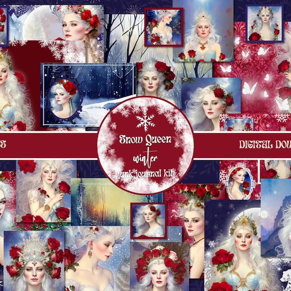 The Snow Queen Winter Junk Journal Kit PRINTABLE Ephemera Pack Red Roses Snowflakes Fairytale Scrapbook Supplies Winter Collage Sheets