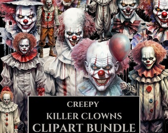 Könnte beinhalten: Ein digitales Clipart-Paket mit 40 Bildern von gruseligen Killerclowns. Die Bilder sind 30,5 cm x 30,5 cm groß und zeigen verschiedene gruselige Clowns in den Farben Rot, Weiß und Schwarz.