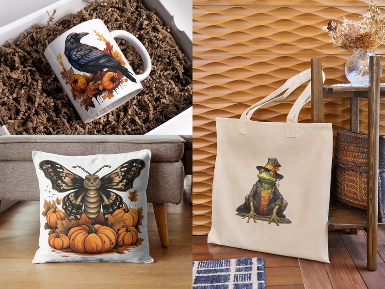 May include: A set of three fall-themed products featuring a black raven on a mug, a butterfly on a pillow, and a frog wearing a hat on a tote bag. All three designs feature pumpkins and autumn leaves.