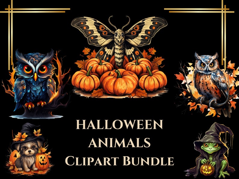 May include: A digital clipart bundle featuring Halloween-themed animals. The bundle includes a blue owl, a brown owl, a green frog, a dog wearing a witch's hat, and a black and white butterfly with orange pumpkins.