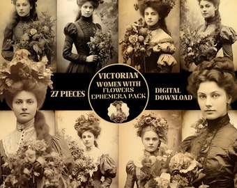 Victorian Women with Flowers Photo Pack PRINTABLE Vintage Junk Journal Ephemera Victorian Scrapbook Supplies Vintage Women Photo PRINTABLEs