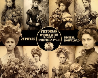 Victorian Women with Flowers Photo Pack PRINTABLE Vintage Junk Journal Ephemera Victorian Scrapbook Supplies Vintage Women Photo PRINTABLEs