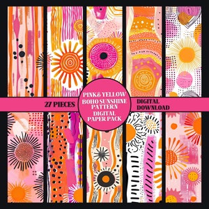 May include: A digital paper pack with 27 pieces of pink and yellow boho sunshine patterns. The patterns feature abstract shapes, circles, and sun designs.