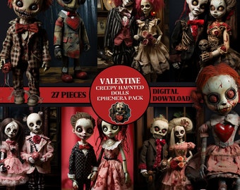 VALENTINE Creepy Haunted Dolls Ephemera Pack Creepy Junk Journal Pages Horror Scrapbook Supplies Valentine Dolls Cards Haunted Junkjournal