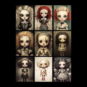 May include: Nine digital illustrations of dolls with different hairstyles, clothing, and expressions. The dolls are depicted in a dark, gothic style.