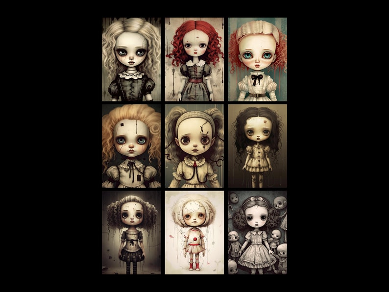 May include: Nine digital illustrations of dolls with different hairstyles, clothing, and expressions. The dolls are depicted in a dark, gothic style.