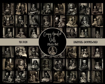 Könnte beinhalten: Ein digitaler Download-Satz mit 48 gruseligen, spukhaften Puppenfotos. Die Fotos sind in Schwarzweiß und zeigen Puppen in verschiedenen Posen und Umgebungen. Der Text "Creepy Haunted Dolls Photo Set" wird in der Mitte des Bildes angezeigt.