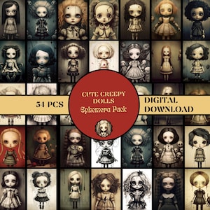 Niedliche Creepy Haunted Dolls Ephemera Pack DRUCKBARE Spooky Dolls Illustrationen Scrapbook Zubehör Horror Junk Journal Ephemera Dark Cute Dolls