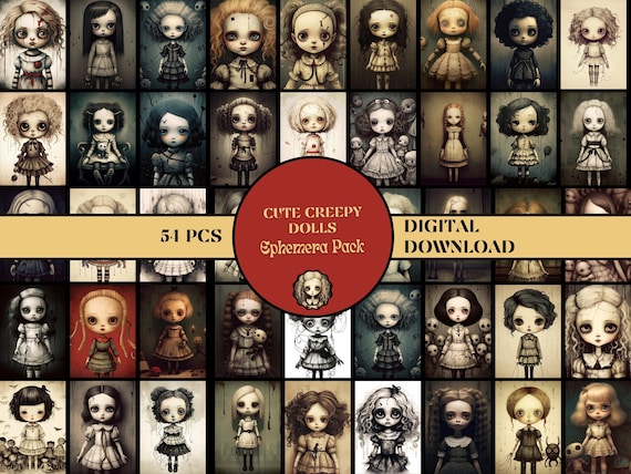 Cute Creepy Haunted Dolls Ephemera Pack PRINTABLE Spooky Dolls Illustrations Scrapbook Supplies Horror Junk Journal Ephemera Dark Cute Dolls