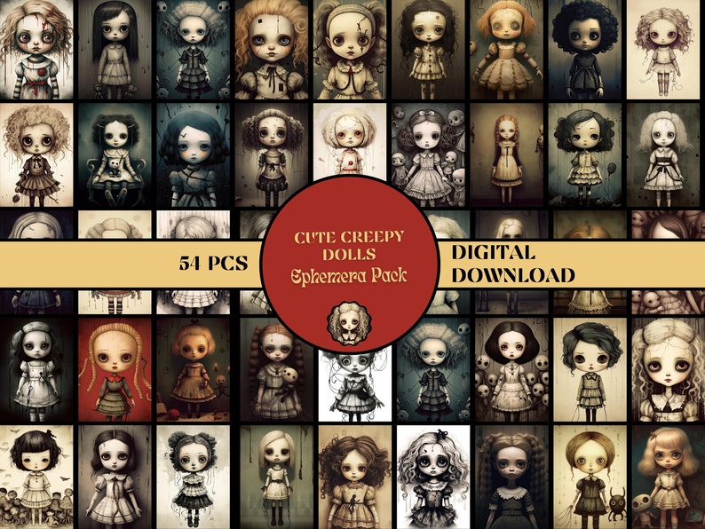May include: A digital download pack of 54 cute creepy doll images. The dolls are all in different poses and have different expressions. The images are perfect for scrapbooking, card making, and other crafting projects.