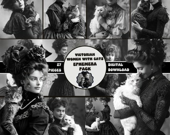 Viktorianische Frauen mit Katzen Photo Pack DRUCKBAR Vintage Junk Journal Ephemera Viktorianische Scrapbook Zubehör Vintage Frauen Foto DRUCKBAR