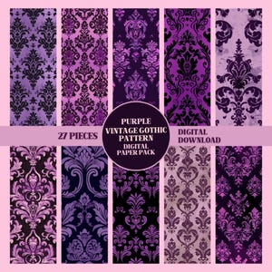 May include: A digital paper pack with 27 pieces of purple vintage gothic damask patterns. The patterns are in a variety of shades of purple and black. The text "Purple Vintage Gothic Pattern Digital Paper Pack" is in a circle in the center of the image.