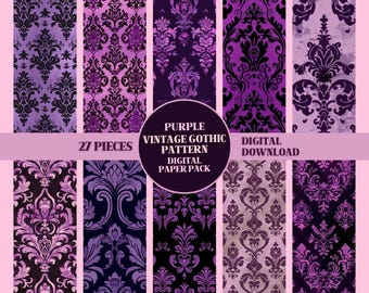 May include: A digital paper pack containing 27 pieces of purple vintage gothic damask patterns. The patterns are in a variety of shades of purple and black. The text "Purple Vintage Gothic Pattern Digital Paper Pack" is in a circle in the centre of the image.