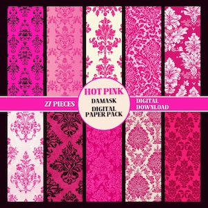 Vintage Hot Pink Damask Pattern Paper Pack 27 Sheets DIGITAL Scrapbook Pages Damask Decoupage Paper Craft Supplies PRINTABLE Junk Journal